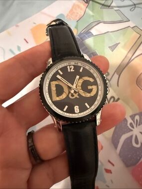 D&G Black and Gold Logo Leather-Strap Watch